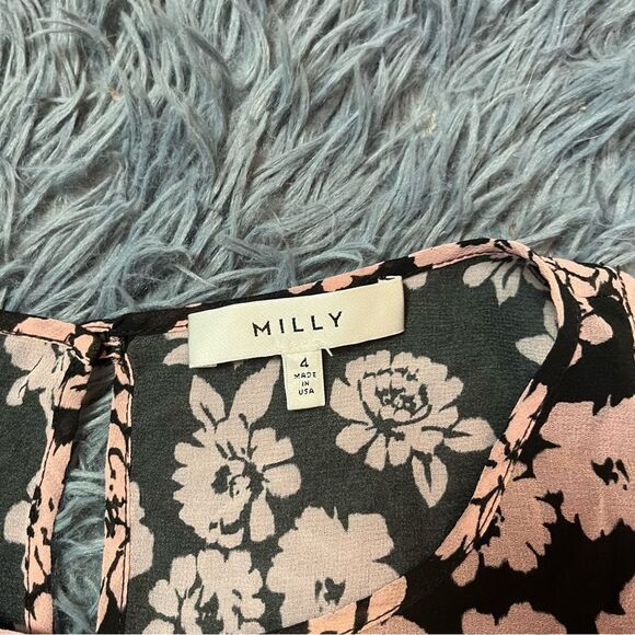 MILLY Black Blush Pink Floral Print Flare Tank Top Size 4 - Picture 4 of 7